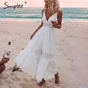 Embroidery Pearl Button Down  Spaghetti Strap Maxi